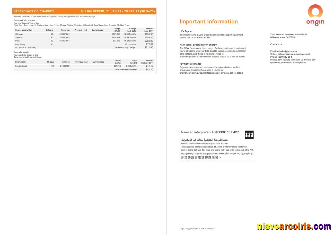 Australia Origin utility bill, 4 pages 3 4